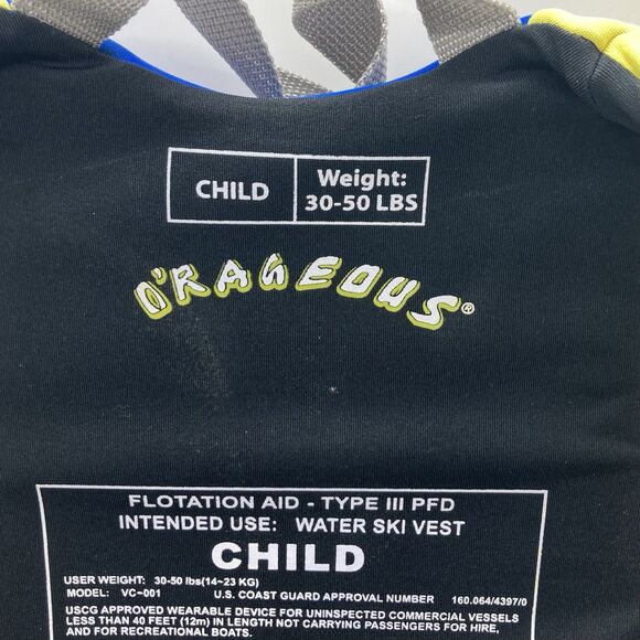 O’Rageous Type III Life Jacket Child 30-50 Lbs Yellow Blue Gray Straps Buckles - Picture 3 of 12